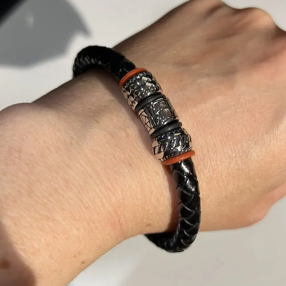 Braided Leather Bracelet Silver Tone & Red | Magnet Clasp